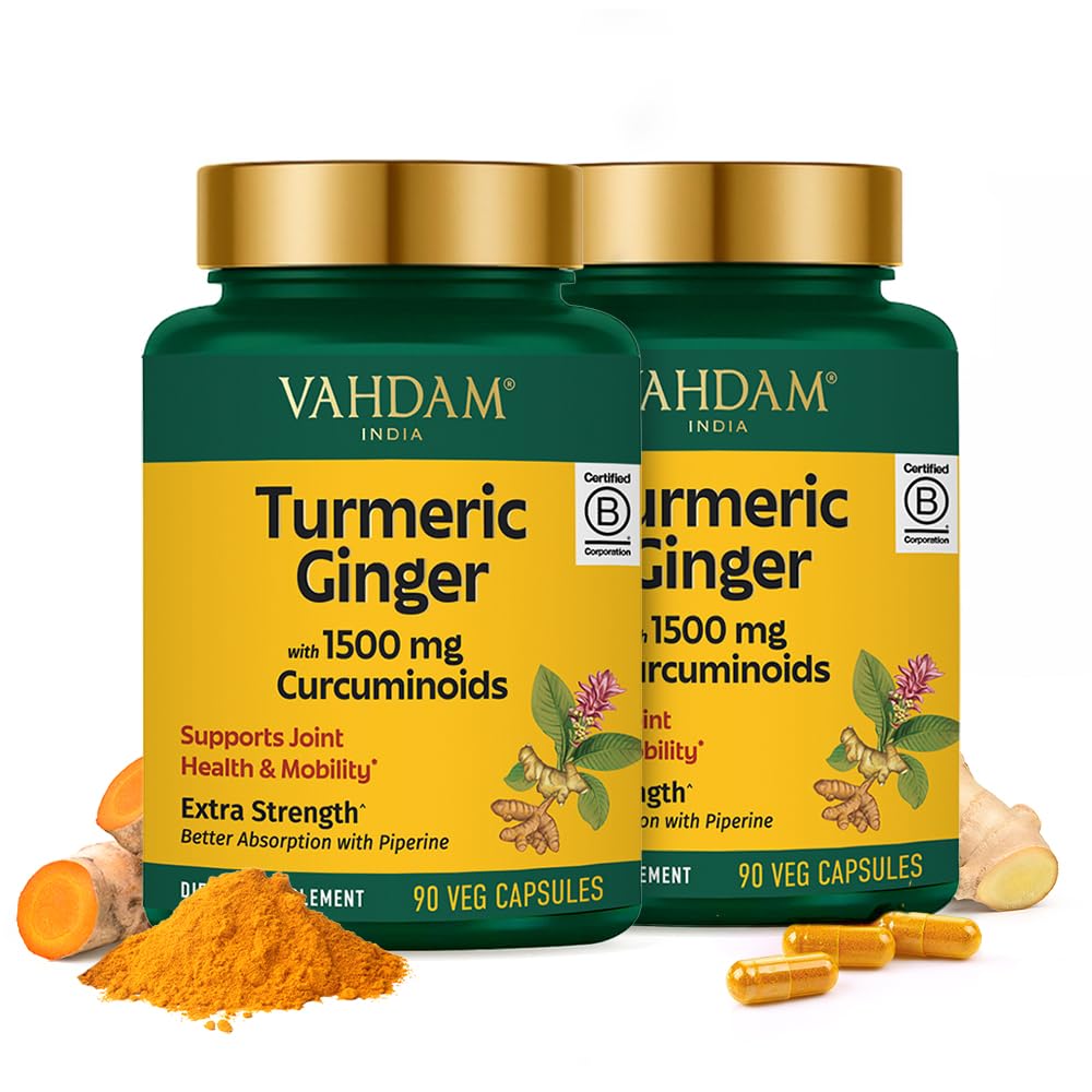 VAHDAM Turmeric Ginger bottle front displaying 1500mg curcuminoids for joint support