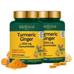 VAHDAM Turmeric Ginger bottle front displaying 1500mg curcuminoids for joint support