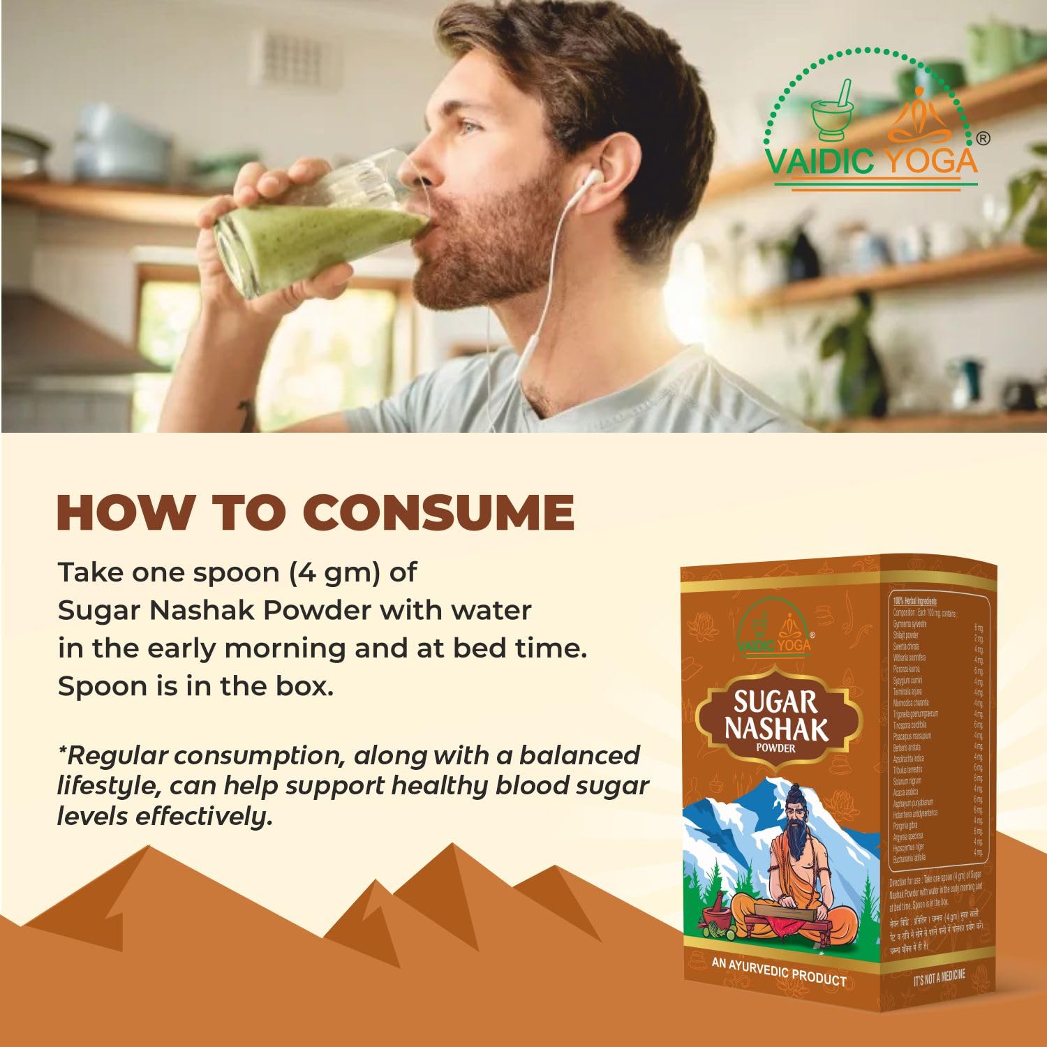 A Vaidic Yoga Sugar Nashak bottle sits on the kitchen counter.