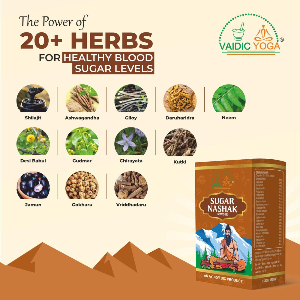 USA-made packaging houses Vaidic Yoga Sugar Nashak powder.