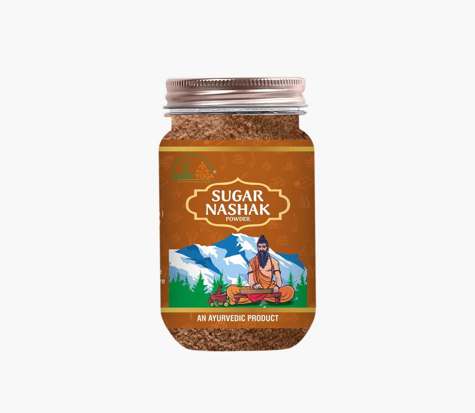Vaidic Yoga Sugar Nashak powder jar close-up highlighting vegan Ayurvedic wellness.