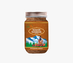 Vaidic Yoga Sugar Nashak powder jar close-up highlighting vegan Ayurvedic wellness.