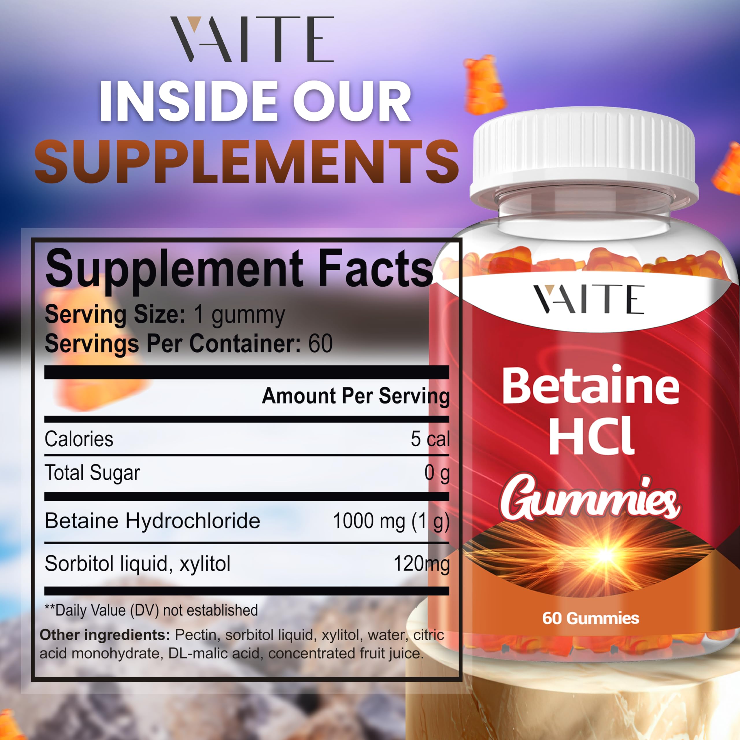 Front packaging of VAITE gummies shows vegan, non-GMO digestion support.