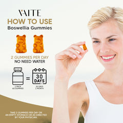 Packshot of VAITE Boswellia Serrata Gummies in a clear bottle for convenient use.