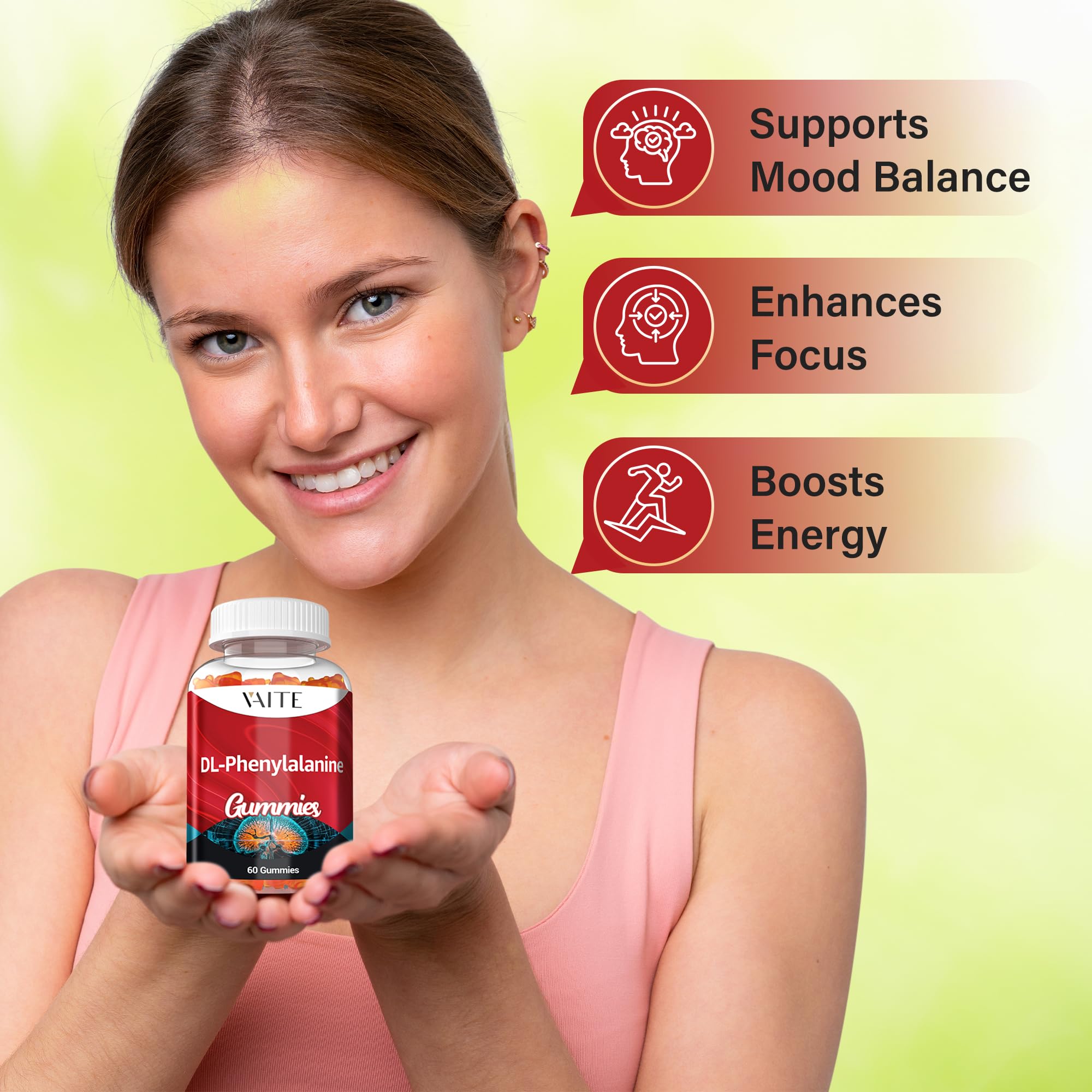 Close-up of VAITE DLPA ingredients label featuring 1000mg DL-phenylalanine.