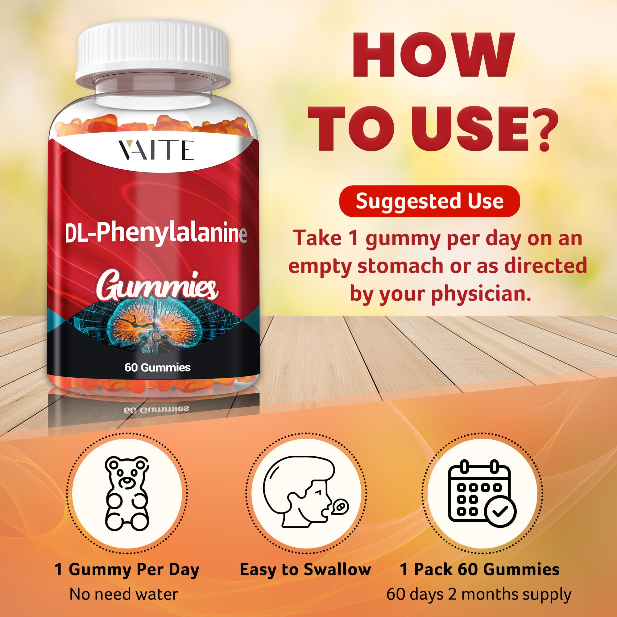 Serving size image shows one VAITE DLPA gummy for daily intake.