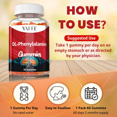 Serving size image shows one VAITE DLPA gummy for daily intake.