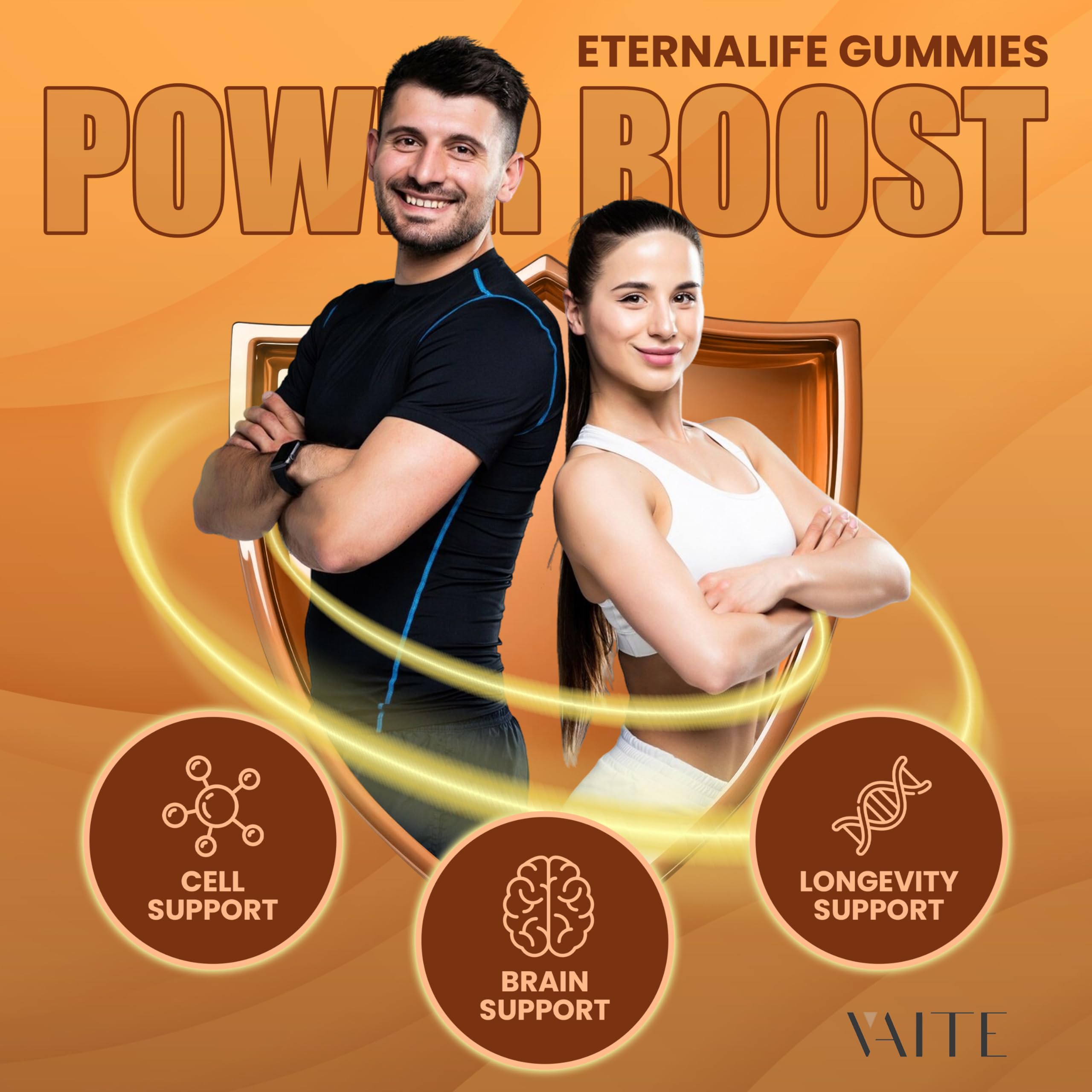 VAITE EternaLife gummy bottle label close-up highlighting vegan, gluten-free formula