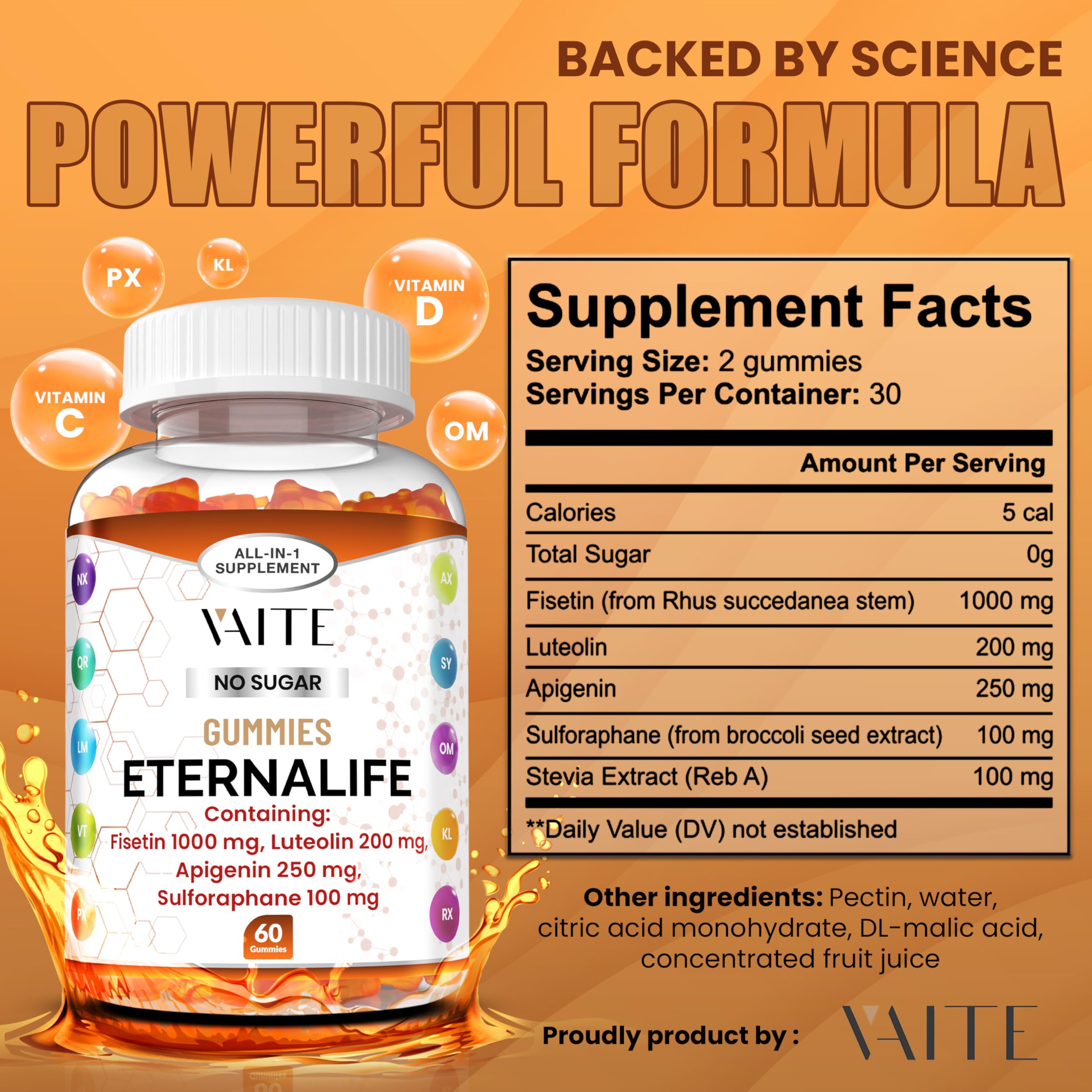 VAITE EternaLife gummies texture close-up showing soft chew and pleasant flavor