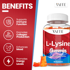 VAITE L-Lysine 1000mg Gummies label highlighting gluten-free and vegan ingredients