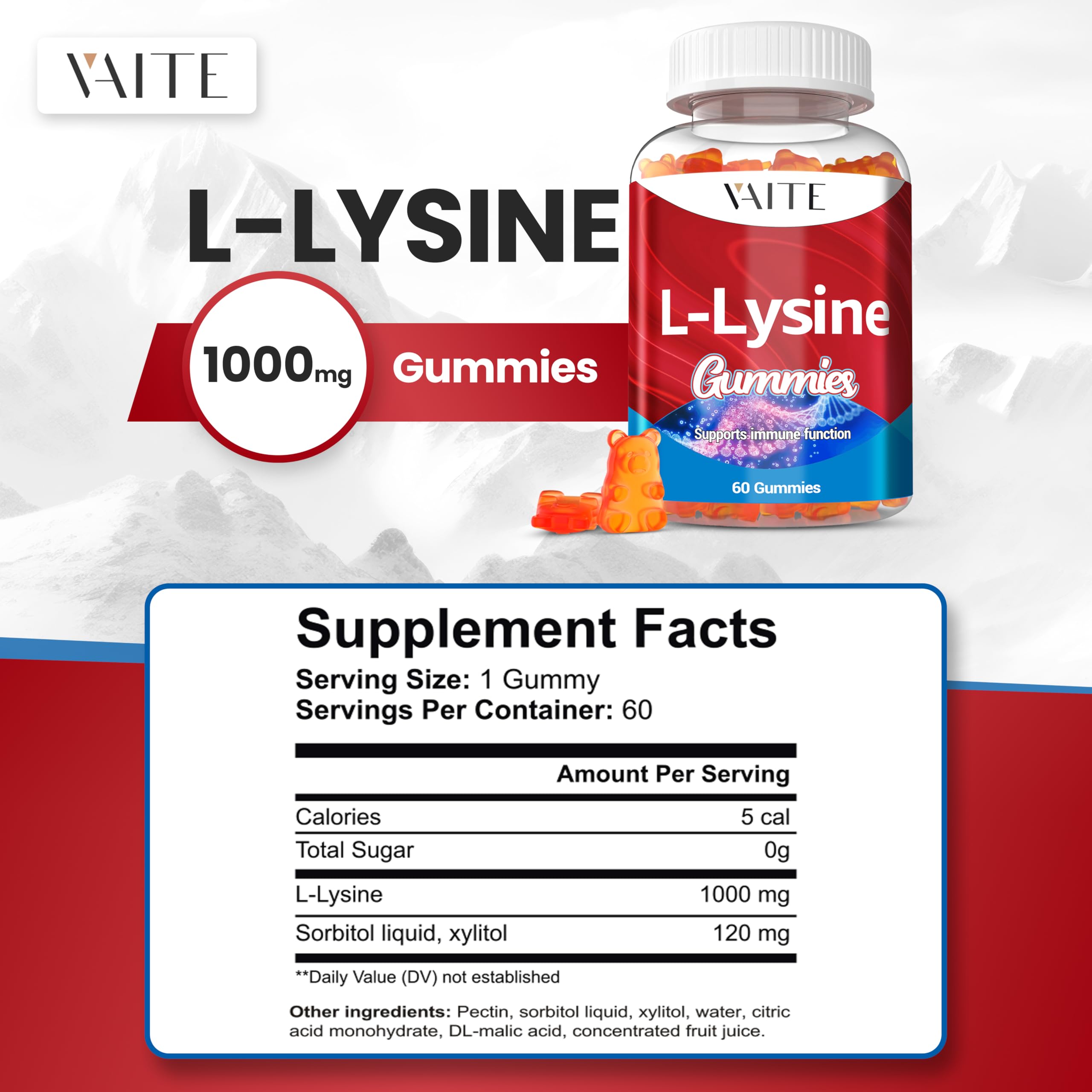 Close-up of VAITE L-Lysine gummies texture showing chewy fruit bites