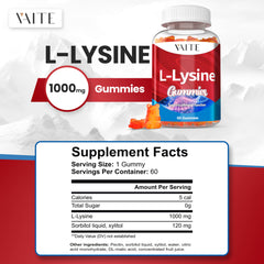 Close-up of VAITE L-Lysine gummies texture showing chewy fruit bites