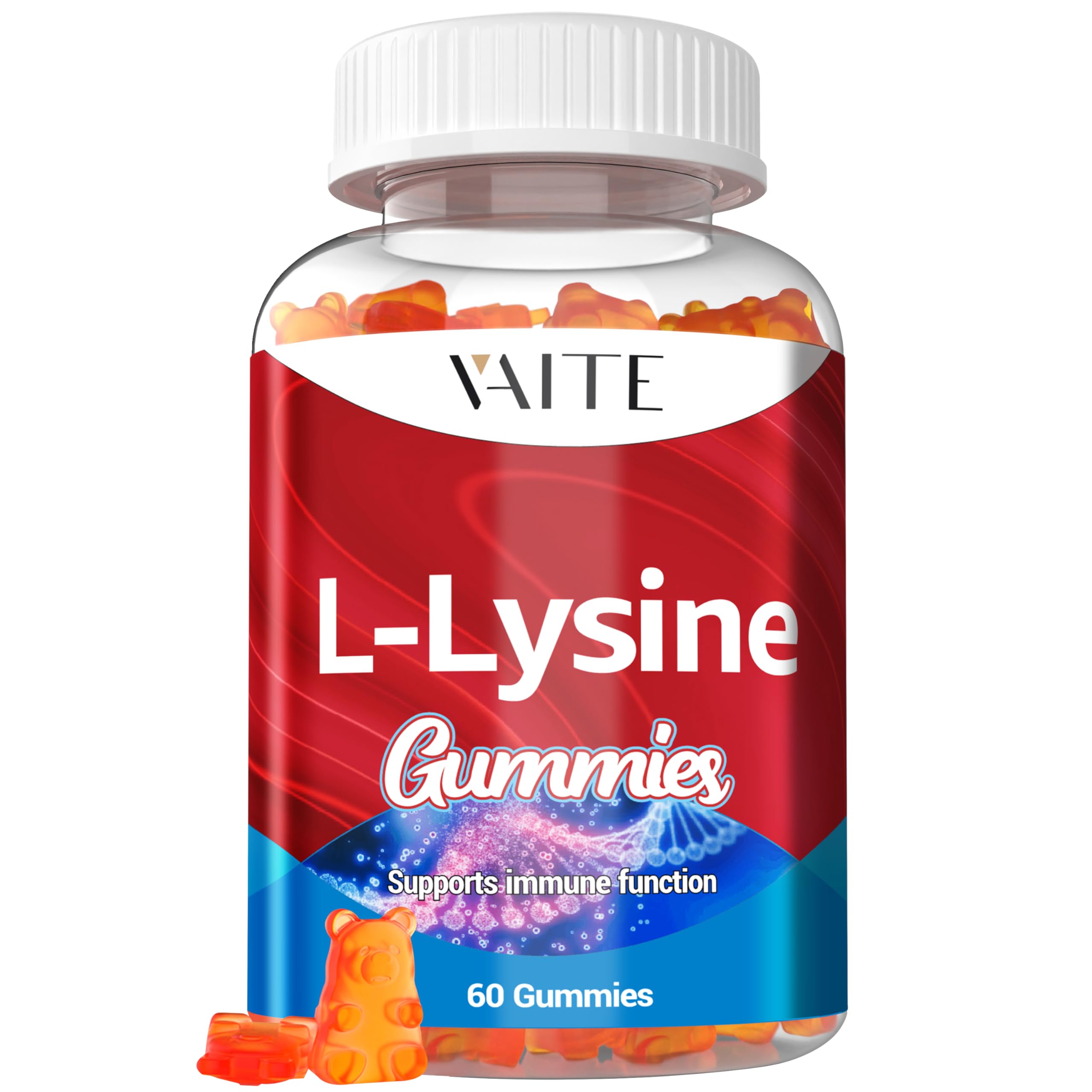 VAITE L-Lysine 1000mg gummies bottle for skin support and vegan formula.
