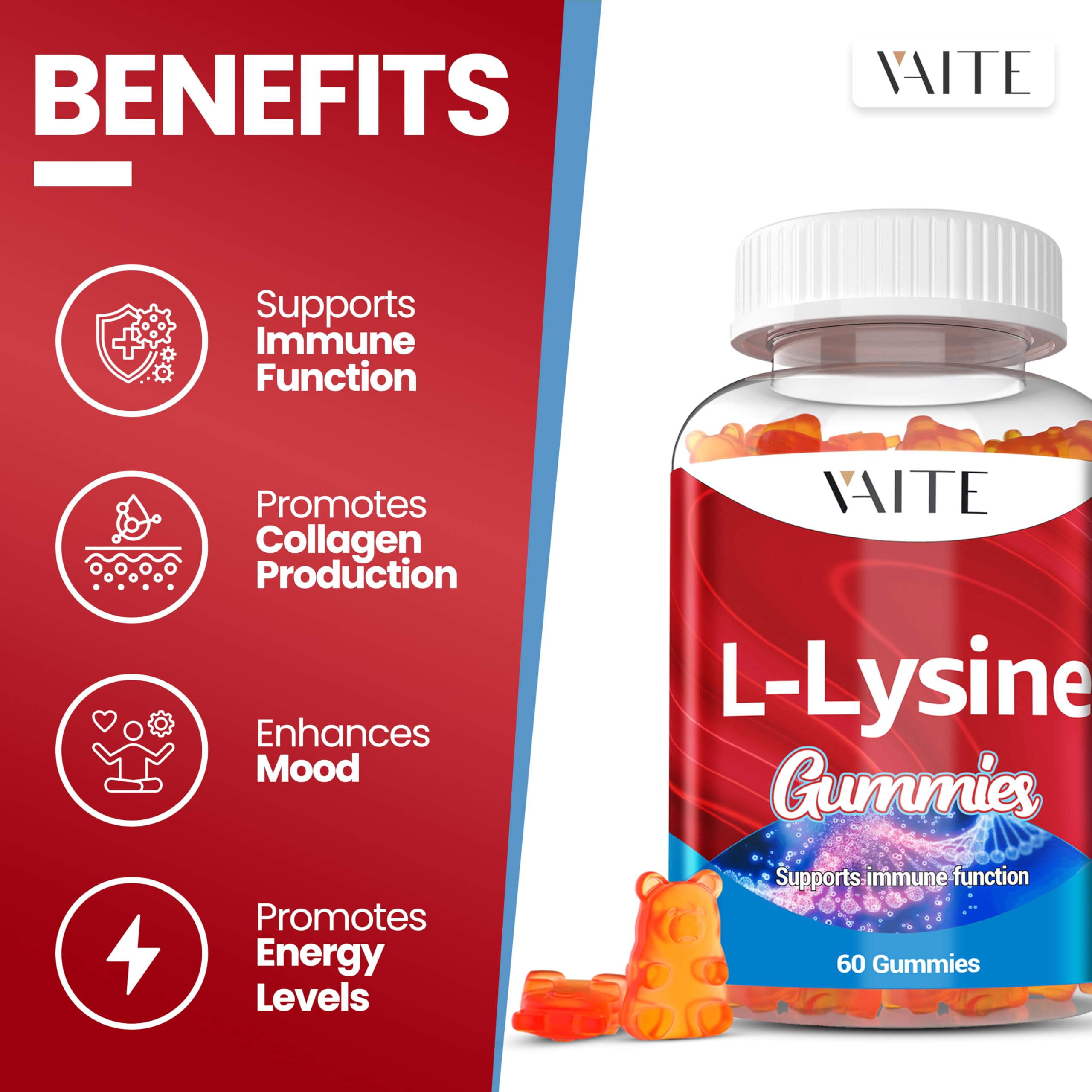 VAITE L-Lysine gummies pouring shows convenient daily chewable immune support.