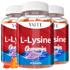 VAITE L-Lysine Gummies bottle shows a 60-count supply for skin and immune support.