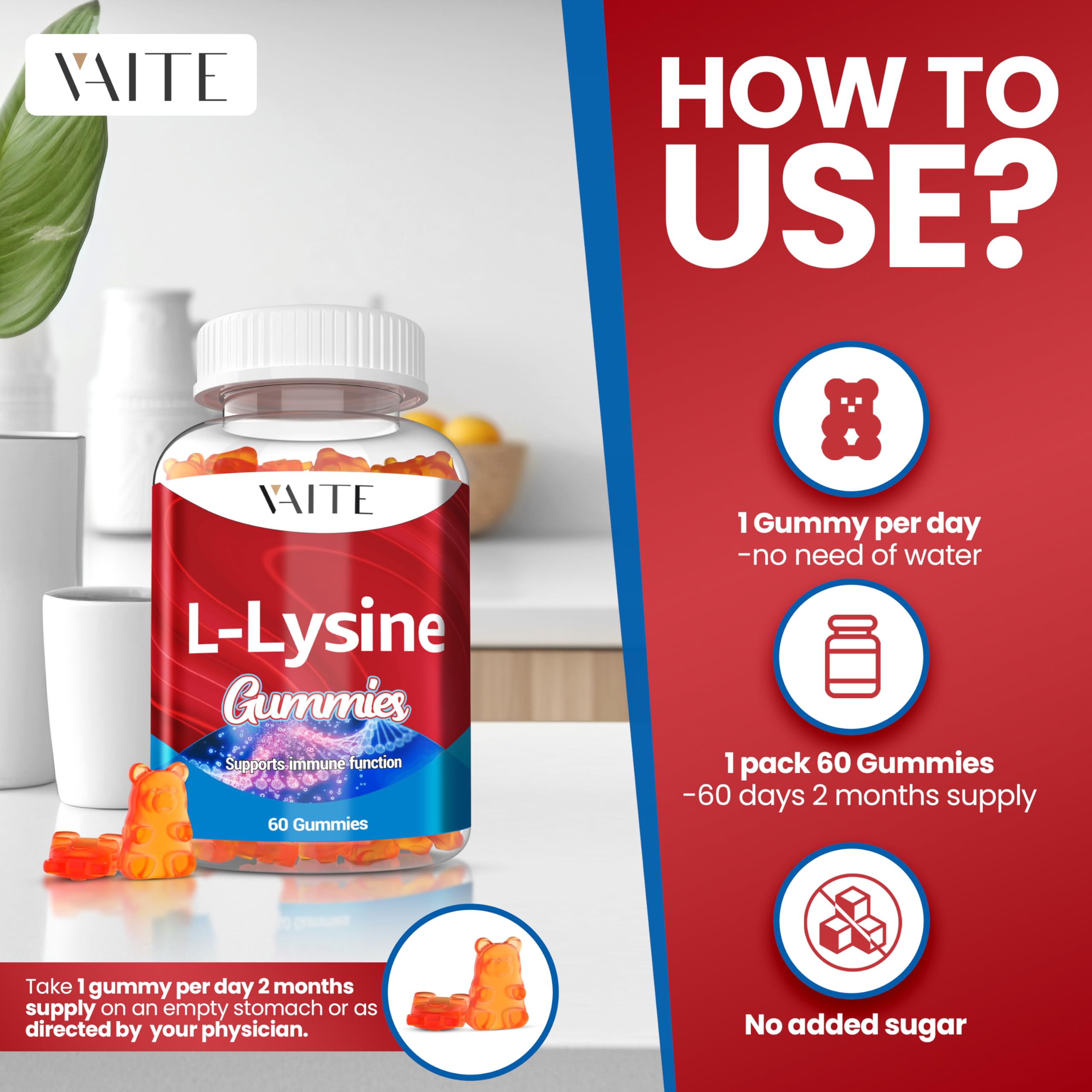 VAITE L-Lysine Gummies label highlights vegan and gluten-free ingredients.