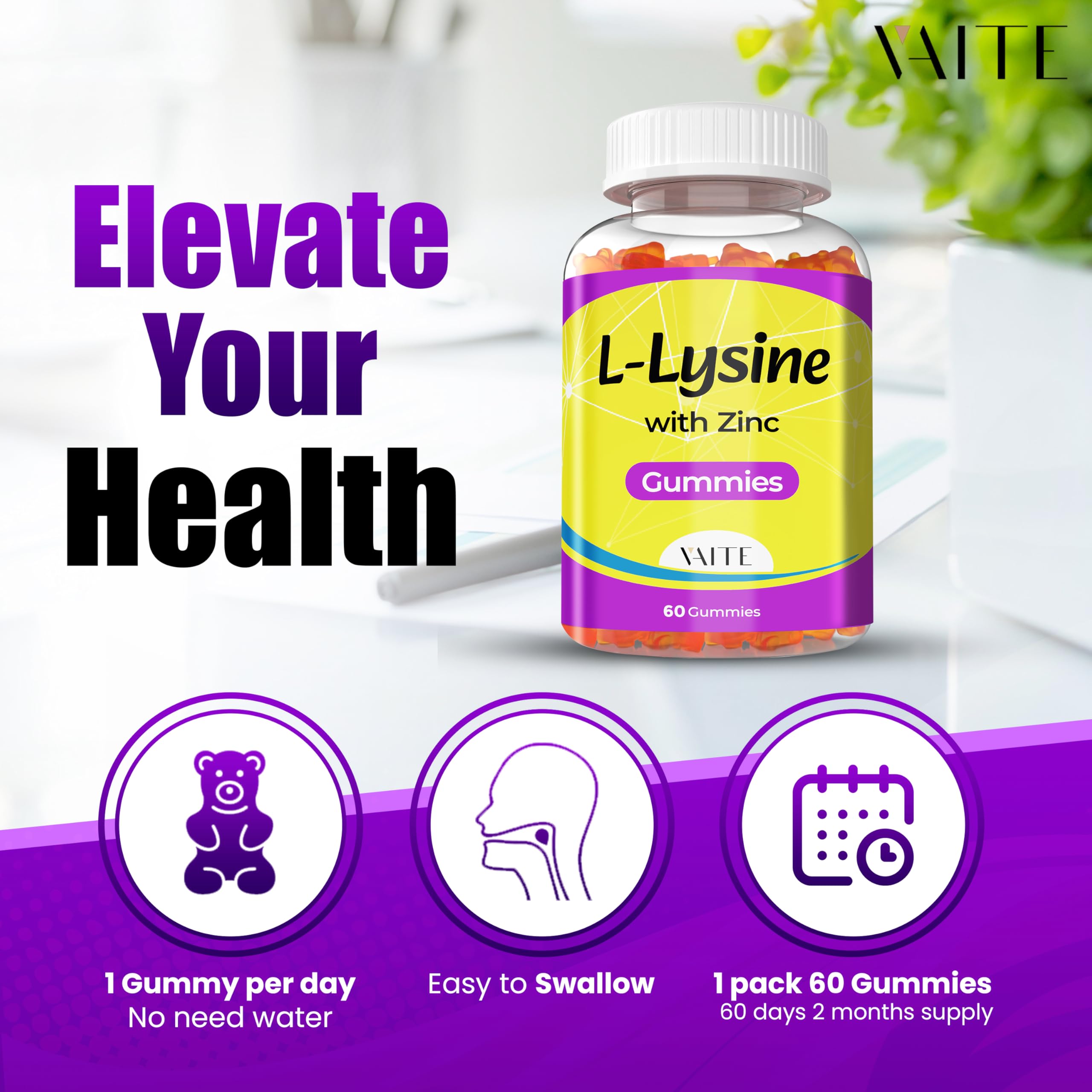 VAITE Lysine Gummies vegan formula label emphasizes vegan and non-GMO ingredients
