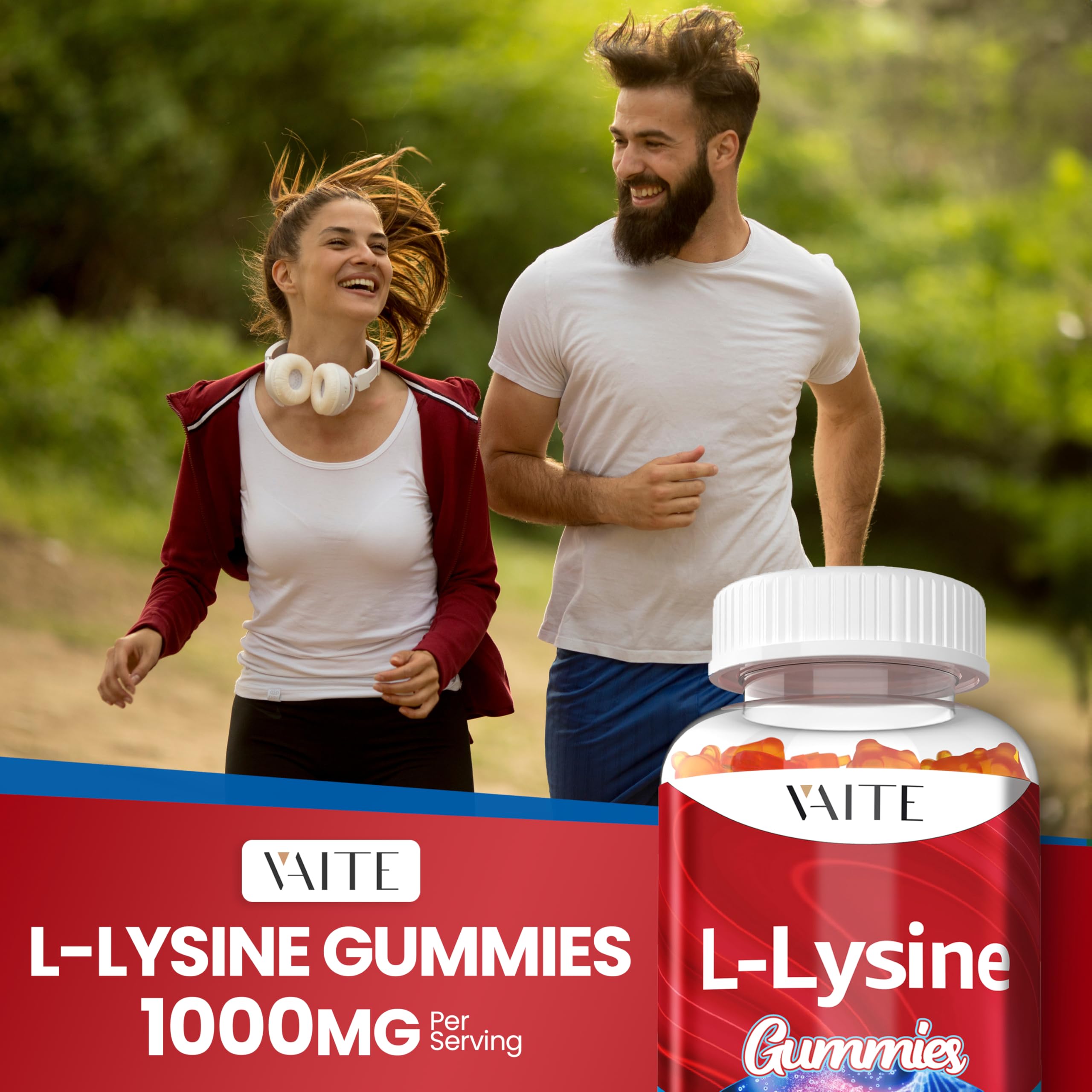 VAITE L-Lysine Gummies icons on box emphasize vegan and non-GMO formulation.