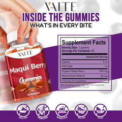 VAITE Maqui Berry Gummies close-up reveals chewy texture and rich color.