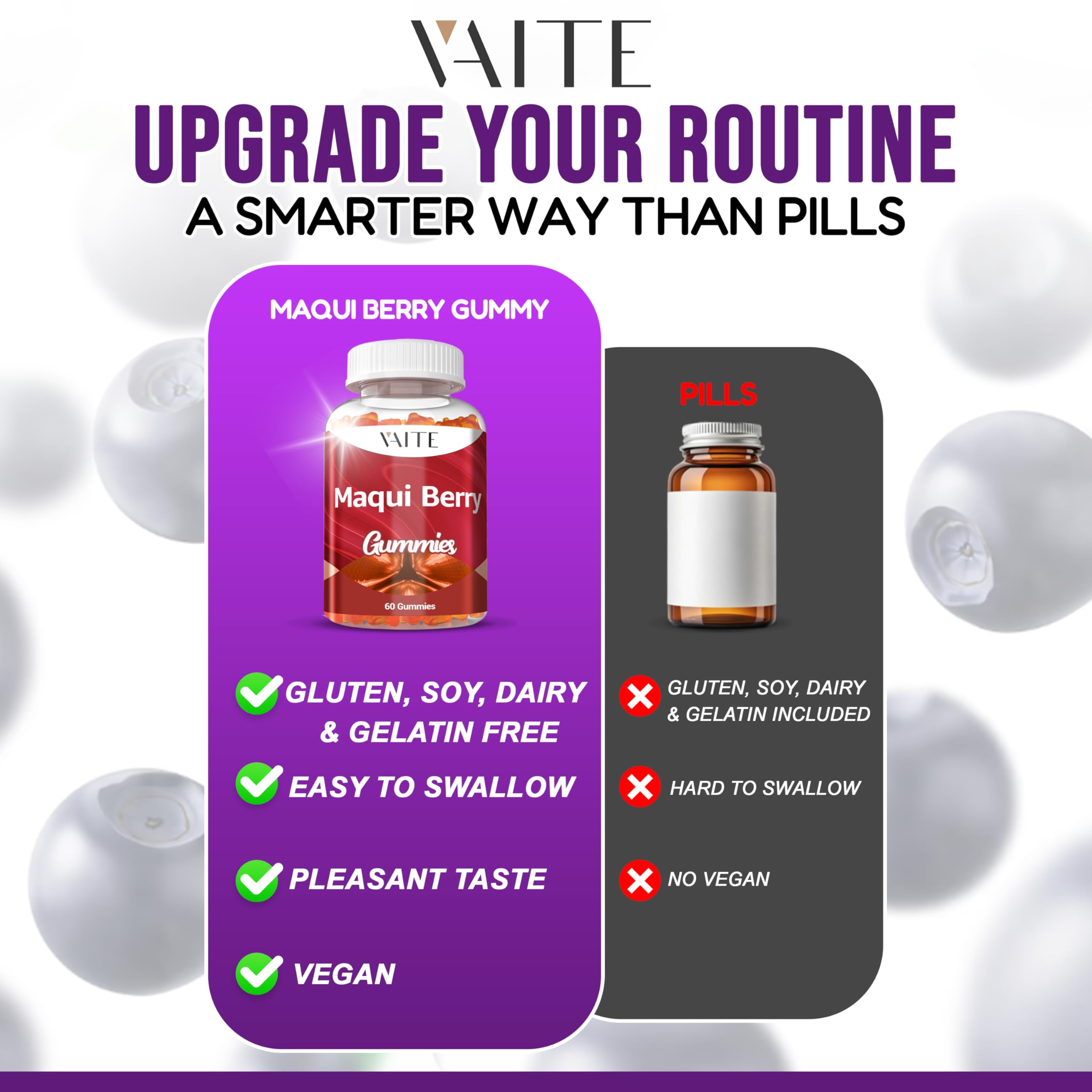 VAITE Maqui Berry Gummies packaging highlights vegan and non-GMO features.