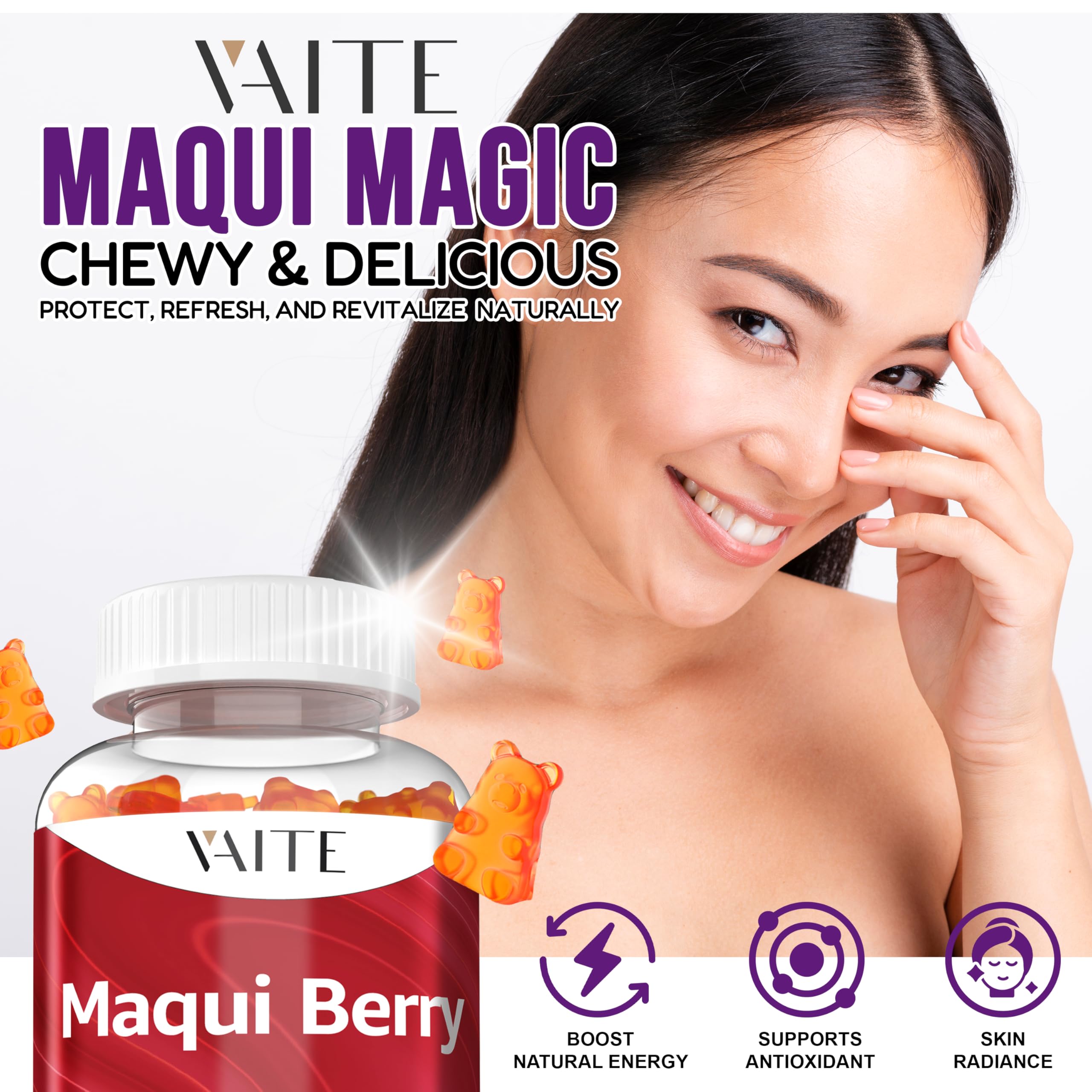 VAITE Maqui Berry Gummies serving shown for easy daily intake.