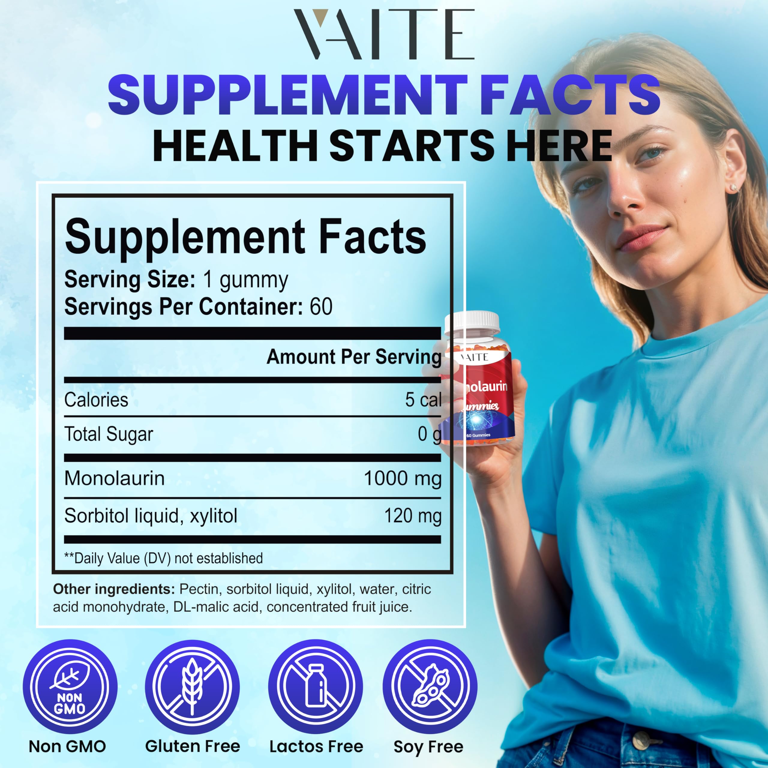 VAITE Monolaurin bottle label closeup highlights vegan, non-GMO formula.