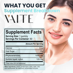 VAITE Phytoceramides plant-based formula highlights rice-derived ingredients and skin benefits.