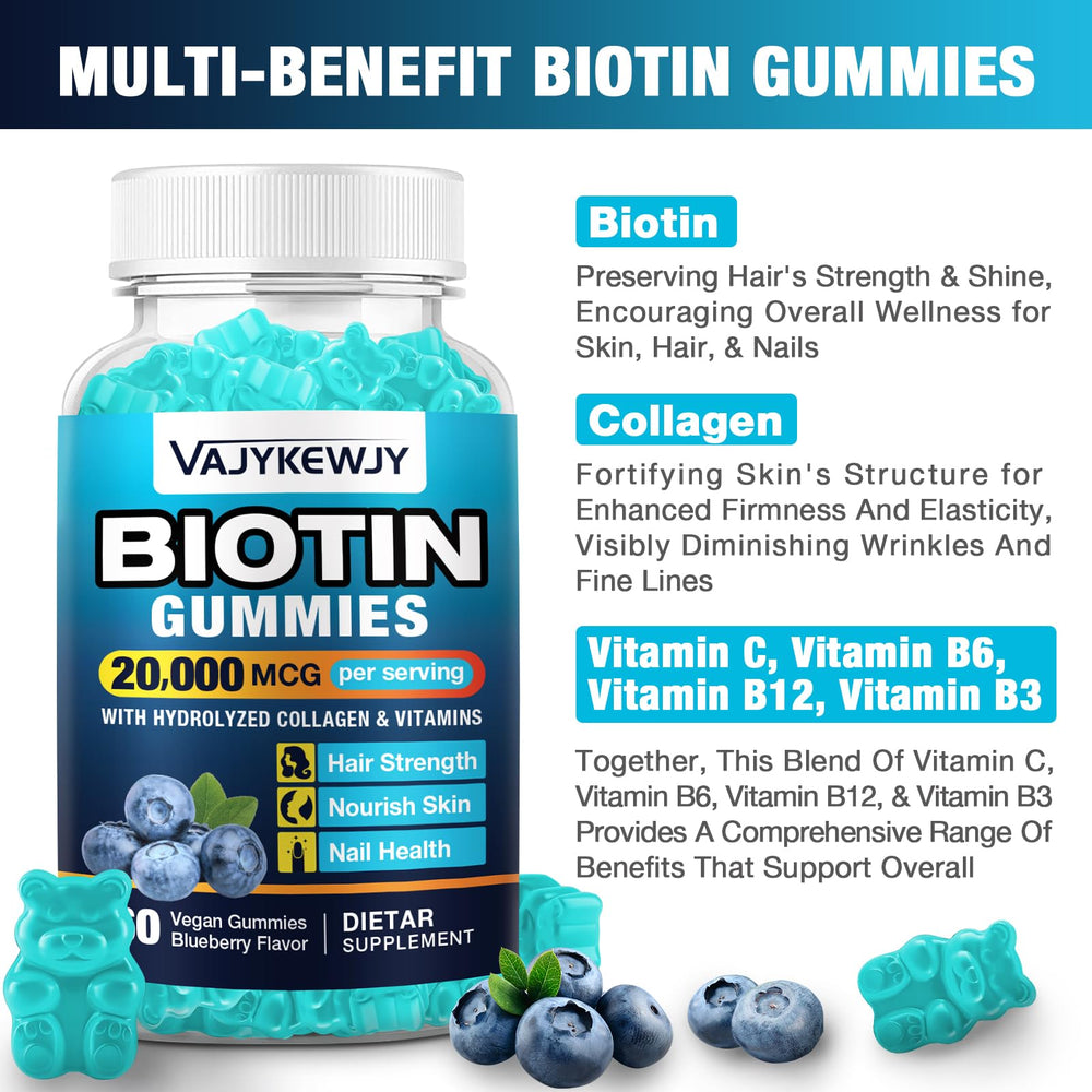 VAJYKEWJY Biotin Gummies ingredients label showing clean, allergen-free formula