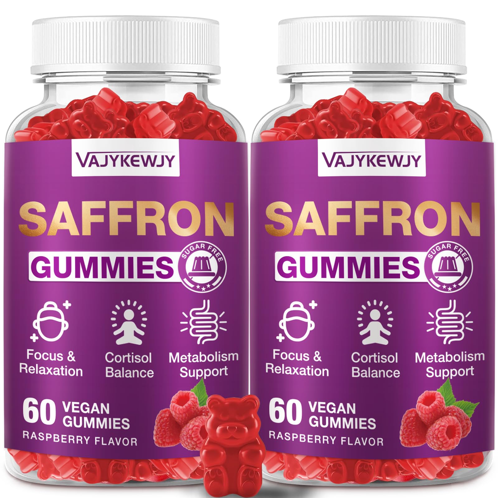 VAJYKEWJY saffron gummies bottle on countertop promotes mood balance and focus.
