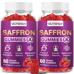 VAJYKEWJY saffron gummies bottle on countertop promotes mood balance and focus.