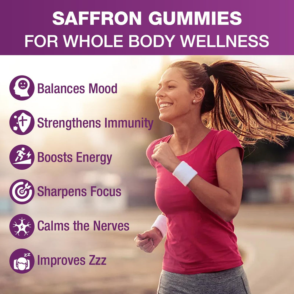 Packaging label for VAJYKEWJY saffron gummies showing key ingredients.