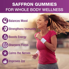 Packaging label for VAJYKEWJY saffron gummies showing key ingredients.