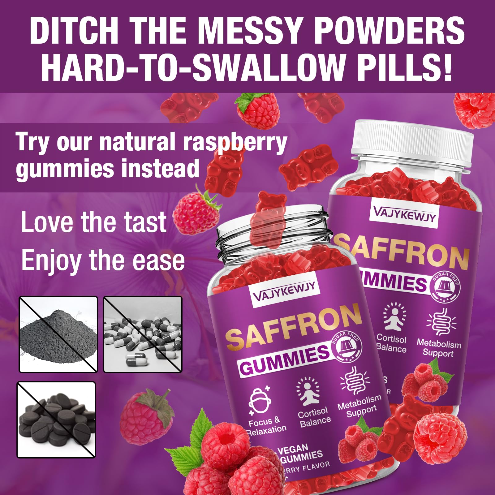 VAJYKEWJY saffron gummies on shelf with wellness backdrop.