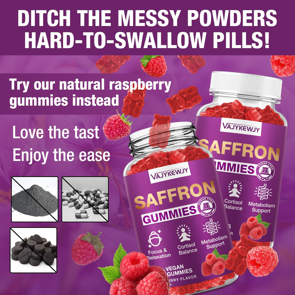 VAJYKEWJY saffron gummies on shelf with wellness backdrop.