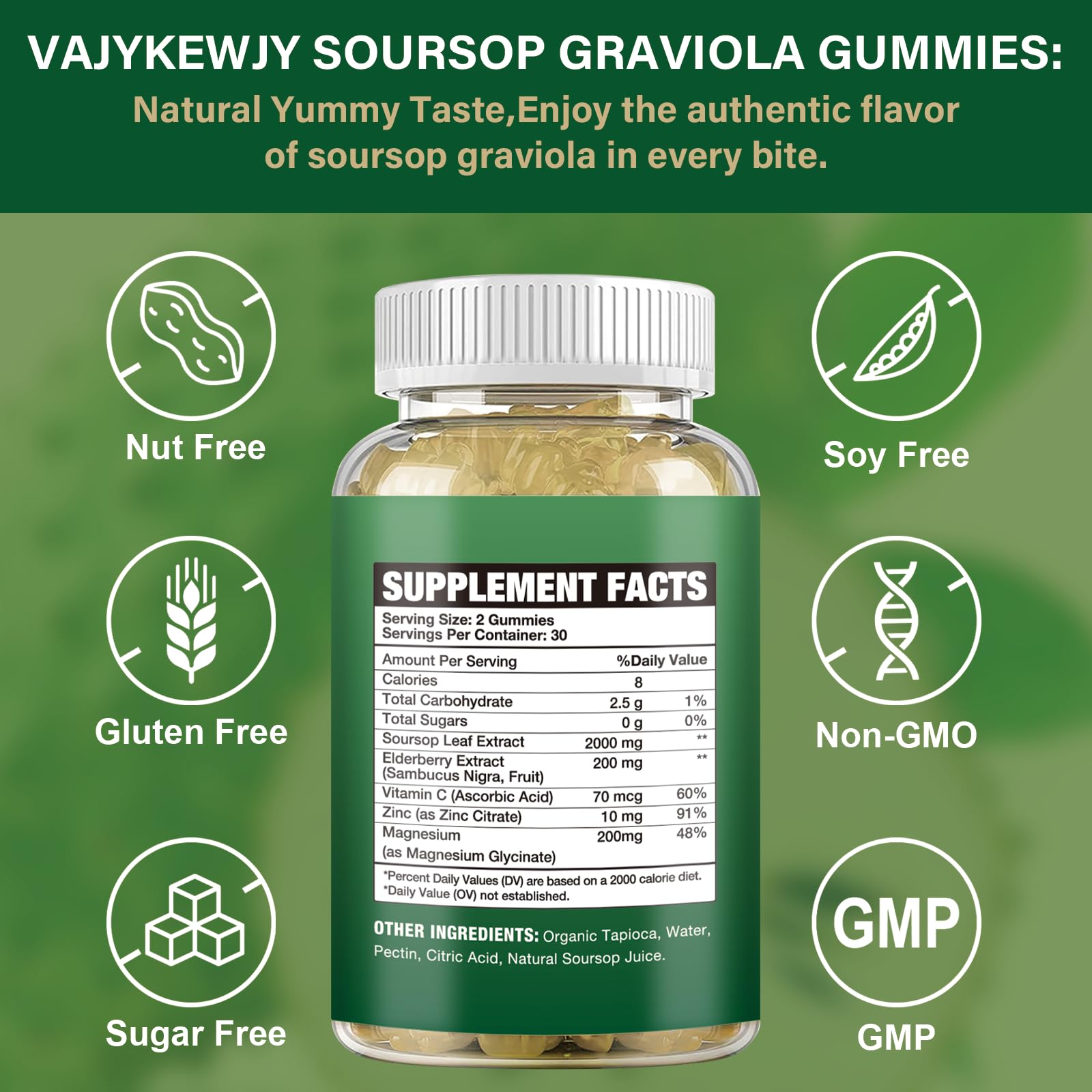 VAJYKEWJY Soursop Gummies bottle closeup emphasizes organic blend and vitamin C support.