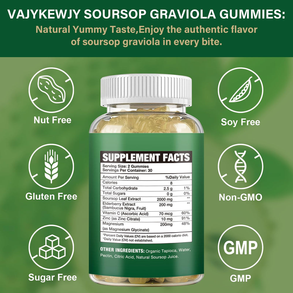 VAJYKEWJY Soursop Gummies bottle closeup emphasizes organic blend and vitamin C support.