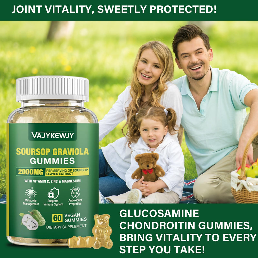 VAJYKEWJY Soursop Gummies digestive illustration highlights prebiotic benefits.