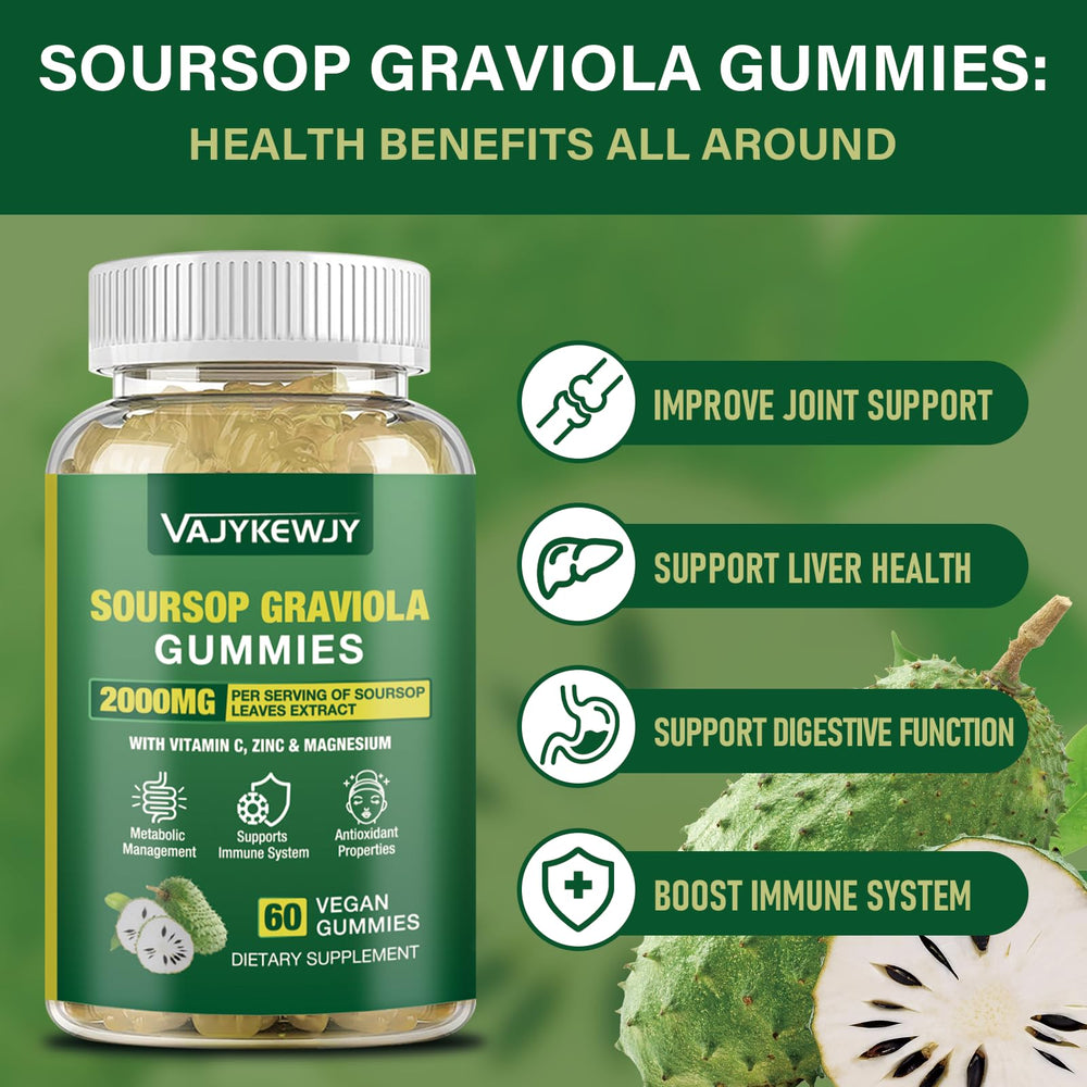 VAJYKEWJY Soursop Gummies ingredient label showcases vegan, gluten-free formula.