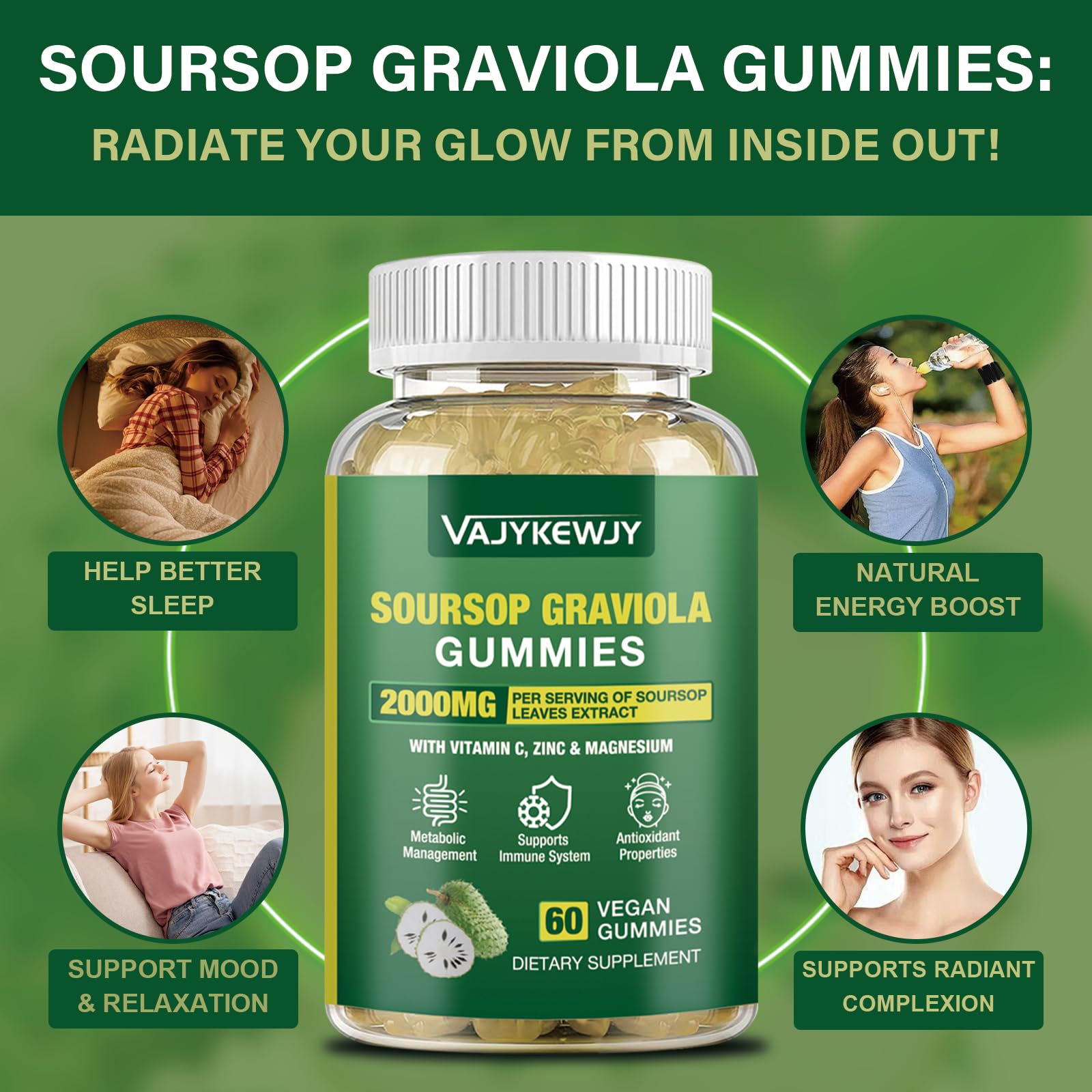 VAJYKEWJY Soursop Gummies jar open reveals chewy texture and aroma.