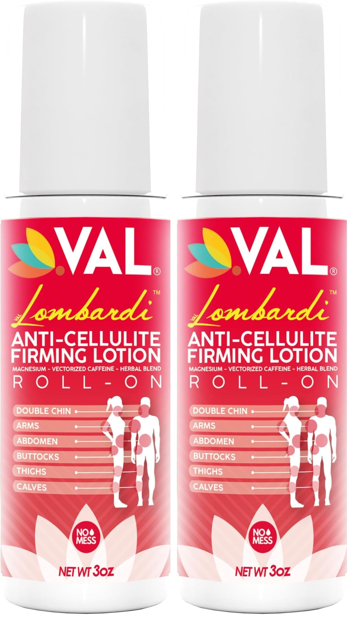 VAL Anti Cellulite Firming Roll-On bottle shown for quick on-the-go use.