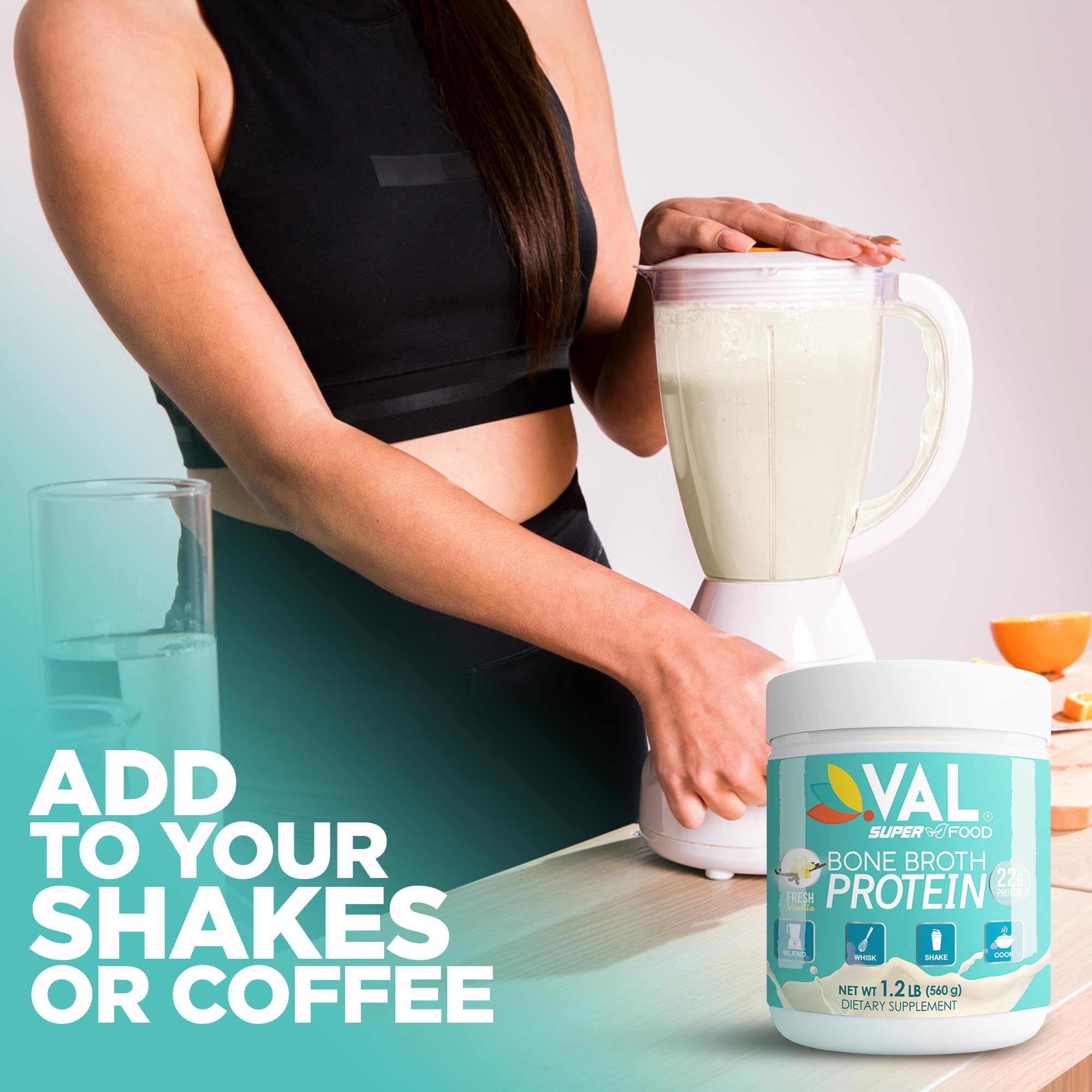 VAL Bone Broth Protein Powder measuring scoop for easy servings
