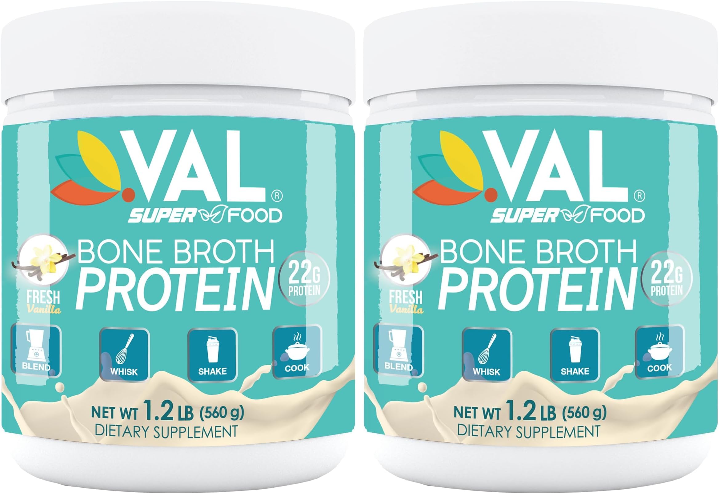 VAL Bone Broth Protein Powder tub with spoon showing a serving portion for post workout