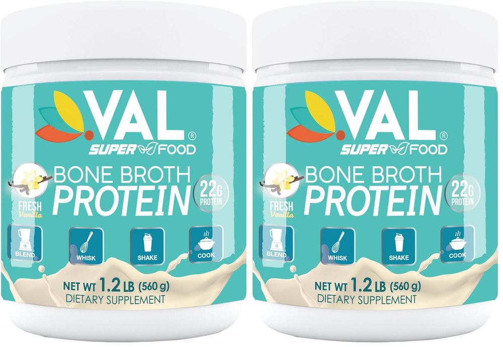 VAL Bone Broth Protein Powder tub with spoon showing a serving portion for post workout