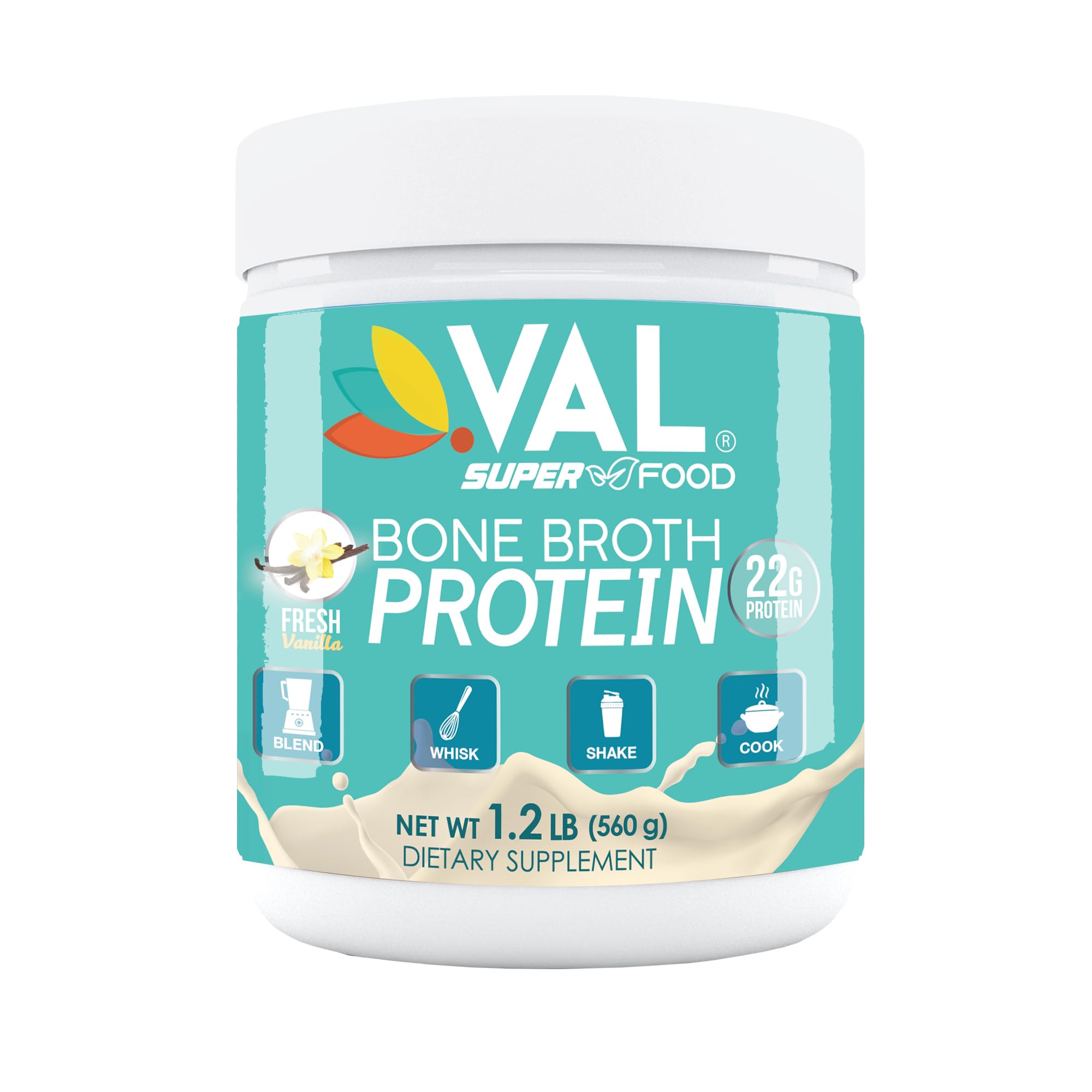 VAL Bone Broth Protein Powder tub with chicken flavor and collagen support.