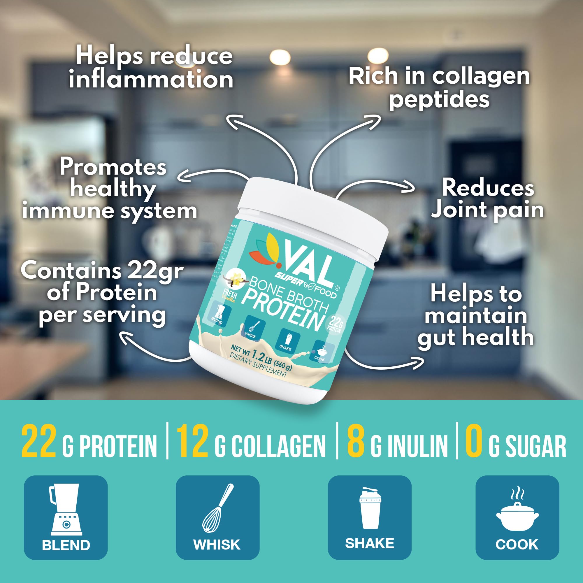 Scoop of VAL powder showing 22g protein and 12g collagen per serving.