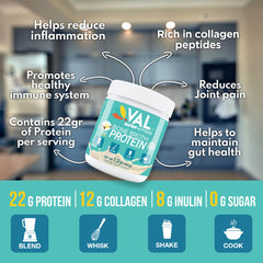 Scoop of VAL powder showing 22g protein and 12g collagen per serving.