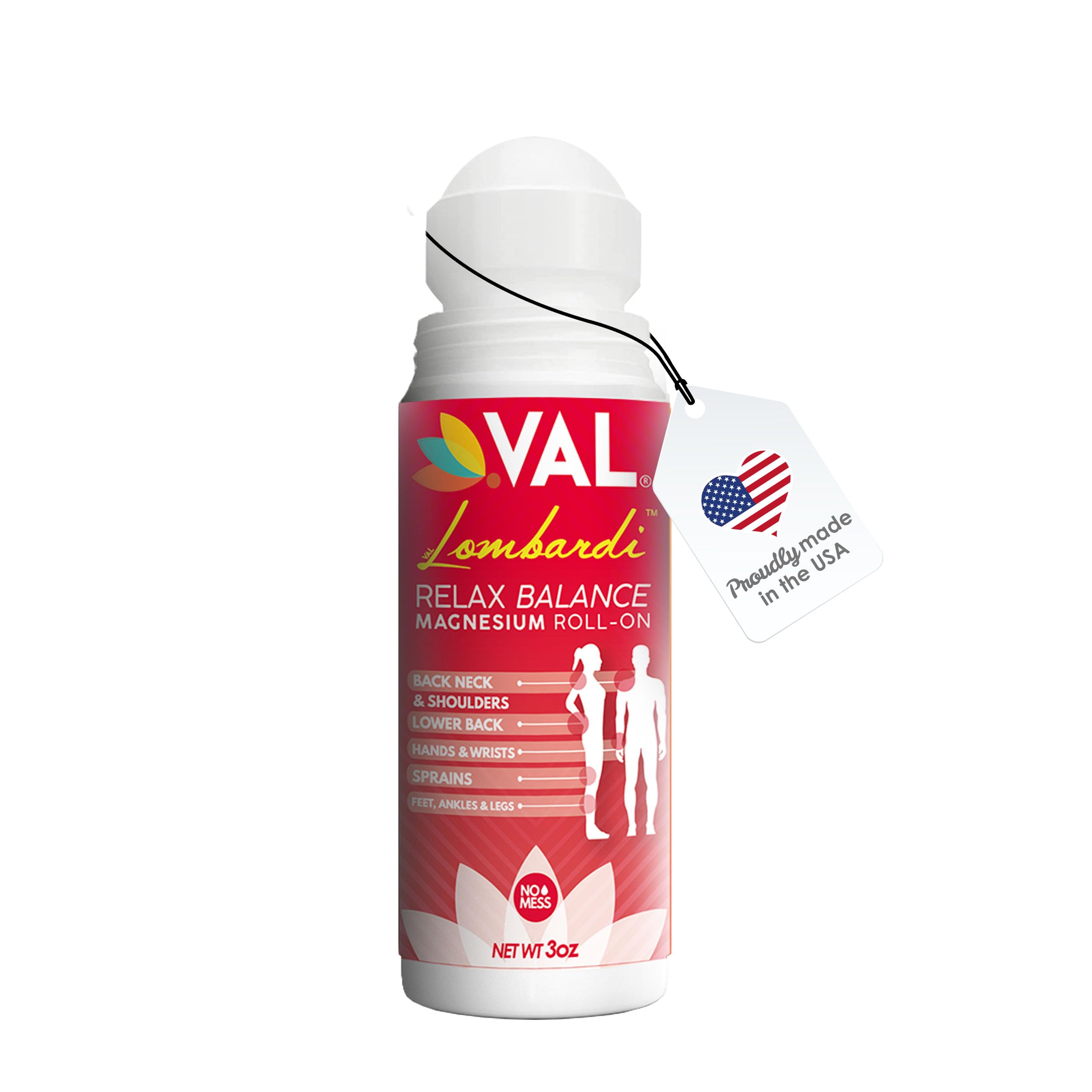 VAL Lombardi Magnesium Roll-On arnica-menthol-camphor blend supports targeted cooling comfort.