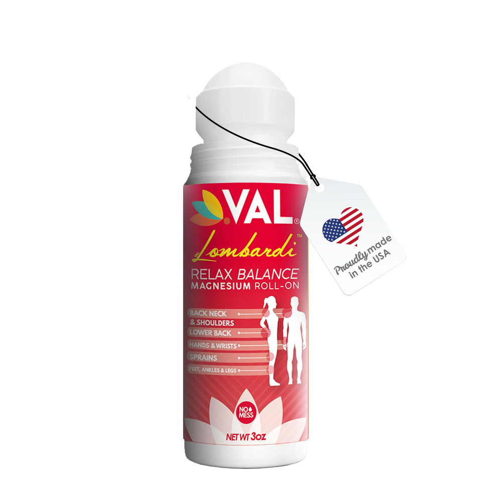 VAL Lombardi Magnesium Roll-On arnica-menthol-camphor blend supports targeted cooling comfort.