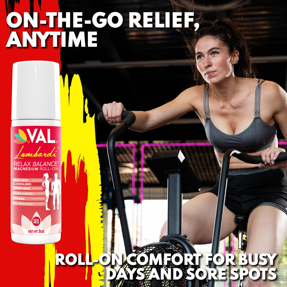 VAL Lombardi Magnesium Roll-On being applied before bed for nighttime relaxation.