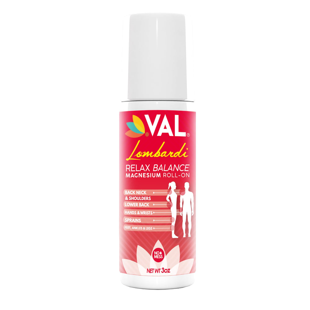 VAL Lombardi Magnesium Roll-On front view for convenient muscle relief.